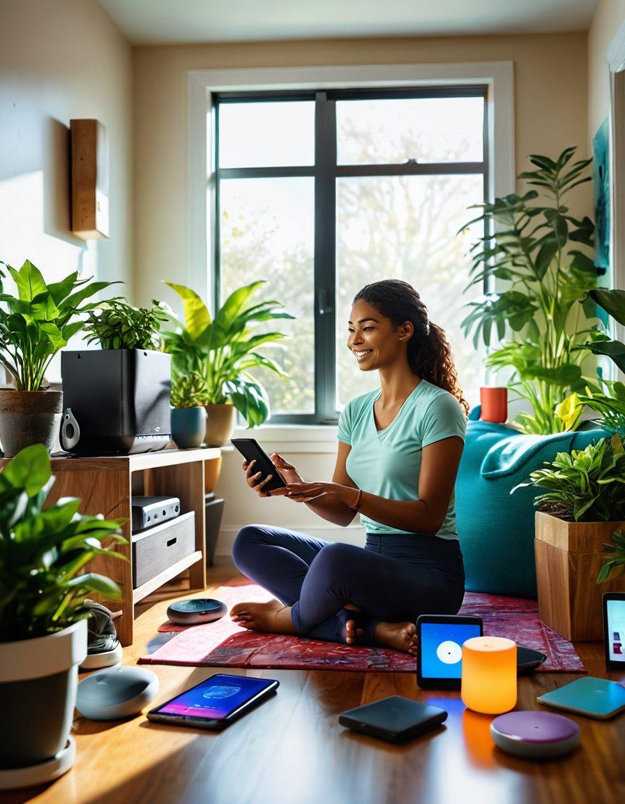 A vibrant scene showcasing a happy person surrounded by various gadgets like smart speakers, tablets, and fitness trackers, glowing softly in a cheerful, sunlit room. The atmosphere feels uplifting and energetic, with colorful plants and art that merge nature with technology. Expressions of joy and positivity illustrate how technology enhances daily life. super-realistic. vibrant colors. soft natural lighting.